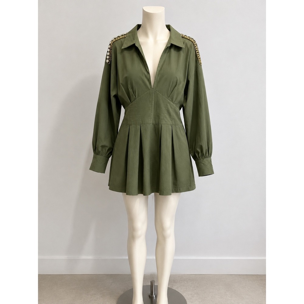 Royalty by Maluma Olive Green Embellished Mini Dress Pearl Chain Shoulder Size14